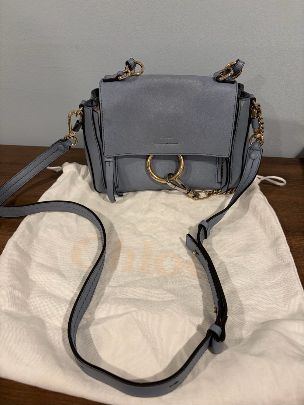 Chloé Faye Small Leather Crossbody in Dusty Blue - Picture 12 of 14